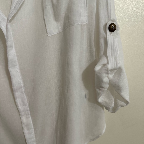 5148 Semi-Sheer White Crinkled Cotton Top With Roll-Up Button Tab Sleeves Size M - Picture 4 of 6